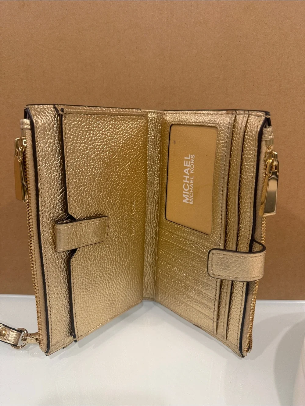 Michael Kors Metallic Gold Leather Wristlet Clutch new with tag women